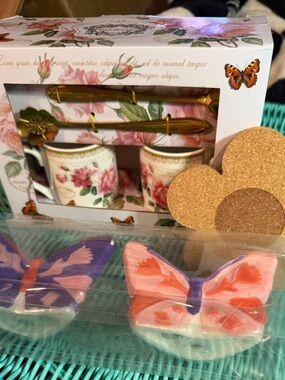Floral Tea Cup Set with Gold Spoons - Pink Rose Design